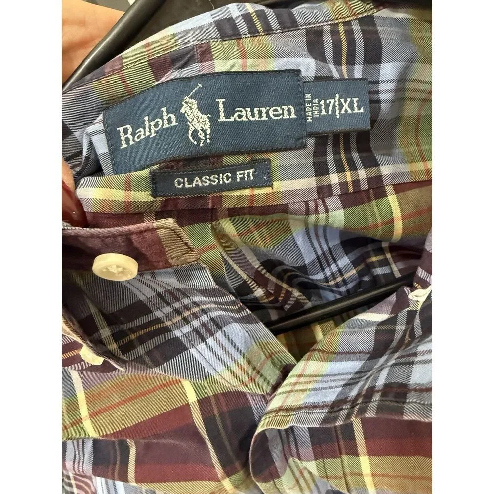 Polo Ralph Lauren Button Down Shirt Mens XL 17 Plaid Blue Pony Preppy Office Pro